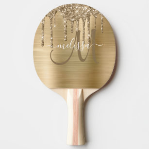 Chic Gold Dripping Glitter Brushed Metal Monogram Ping Pong Paddle