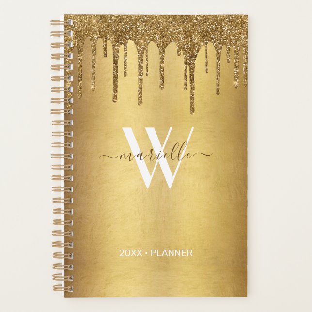 Chic Gold Dripping Glitter Monogram Name 2022 Planner (Front)