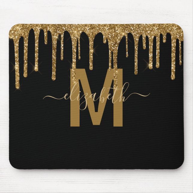 Chic Gold Dripping Glitter Monogram Name Mouse Pad (Front)