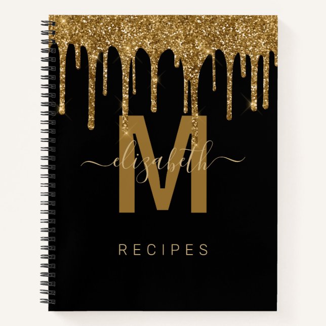 Chic Gold Dripping Glitter Monogram Recipe Notebook (Front)