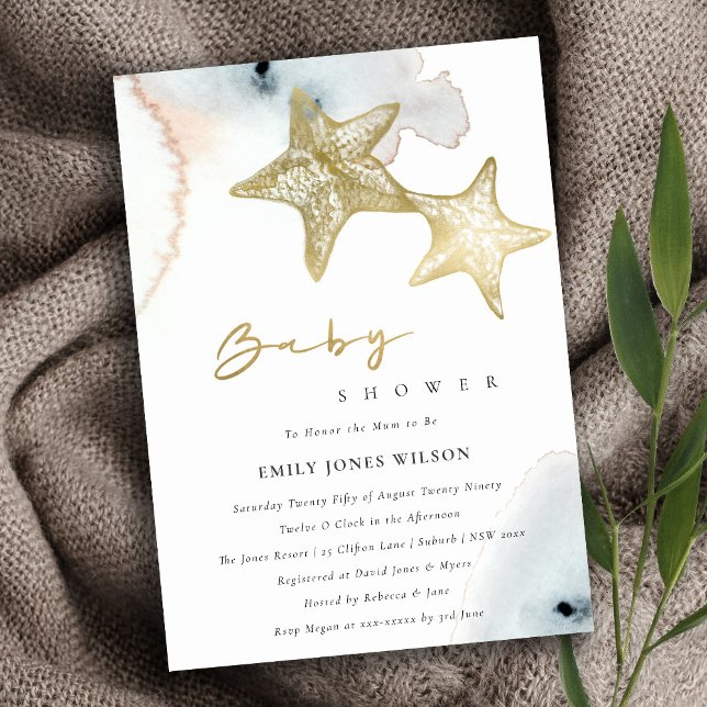 Chic Gold Dusky Blue Beachy Starfish Baby Shower Invitation (Creator Uploaded)