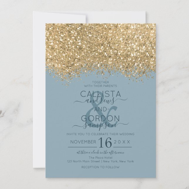 Chic Gold Dusty Blue Glitter Confetti Wedding Invitation (Front)