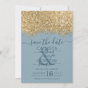 Chic Gold Dusty Blue Glitter Confetti Wedding Save The Date