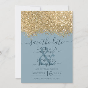 Chic Gold Dusty Blue Glitter Confetti Wedding Save The Date