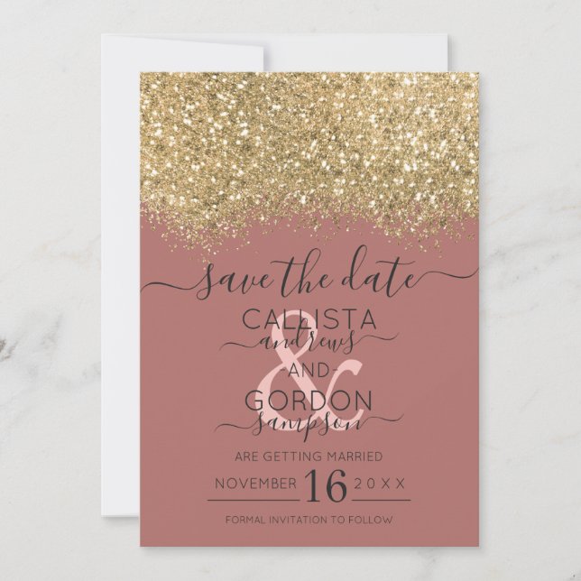 Chic Gold Dusty Rose Glitter Confetti Wedding Save The Date (Front)