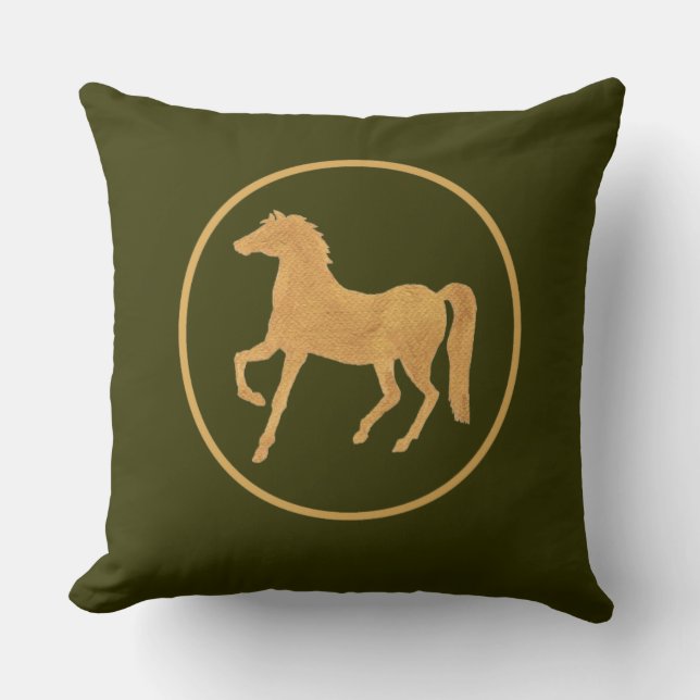 Chic Gold-effect Horse on Dark Mossy Green Cushion (Front)