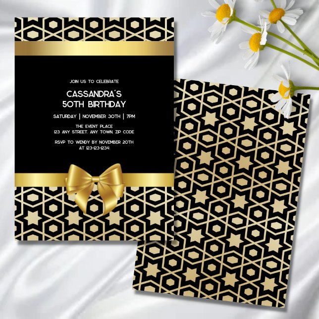 Chic Gold Egypt Geometric Gold Bow Black Birthday Invitation (Creator Uploaded)