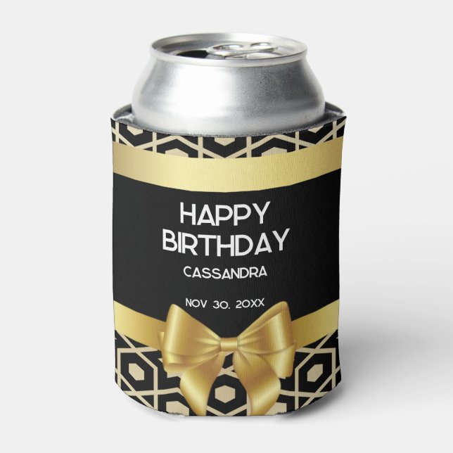 Chic Gold Egypt Geometric Gold Bow Happy Birthday Can Cooler (Can Front)