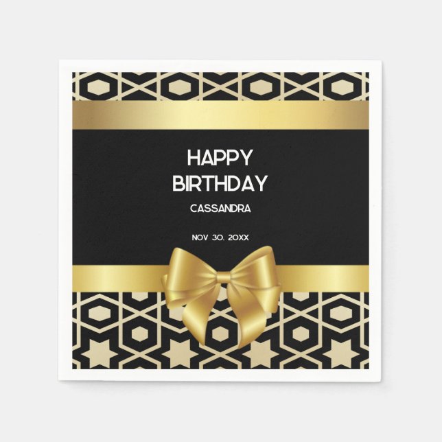 Chic Gold Egypt Geometric Gold Bow Happy Birthday Napkin (Front)