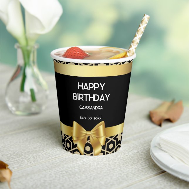 Chic Gold Egypt Geometric Gold Bow Happy Birthday Paper Cups (Insitu)
