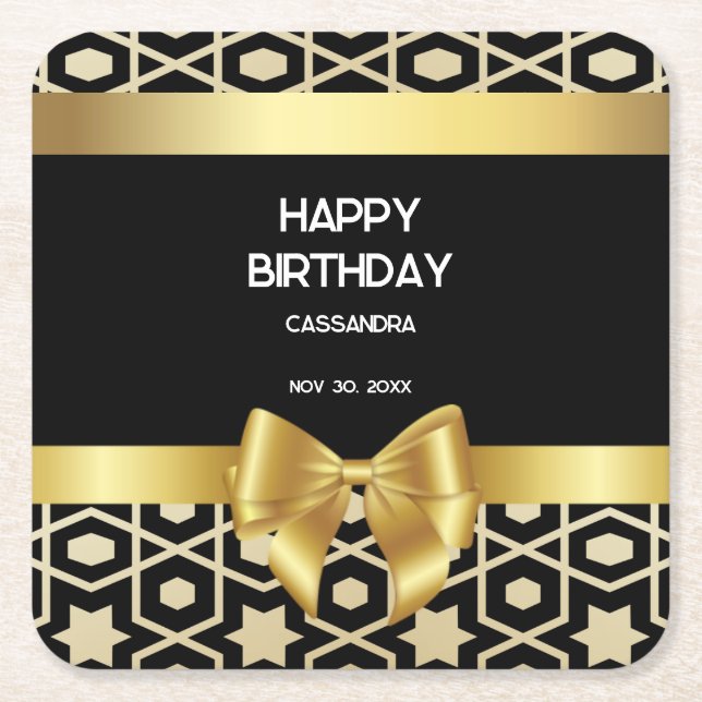 Chic Gold Egypt Geometric Gold Bow Happy Birthday Square Paper Coaster (Front)