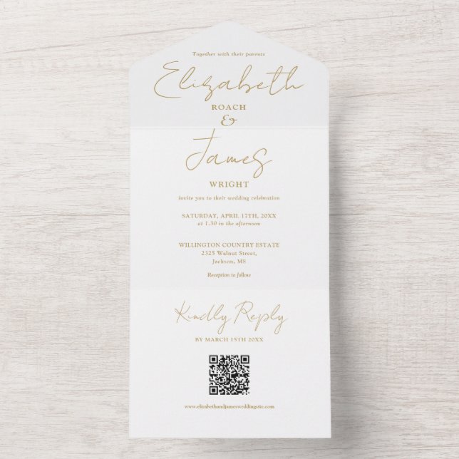 Chic Gold Elegant Script QR Code Wedding All In One Invitation (Inside)