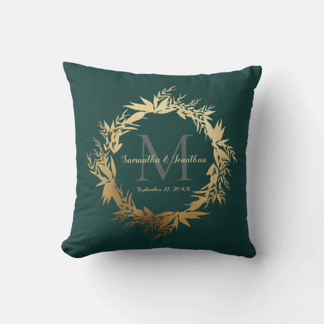 Chic Gold Emerald Green Monogram Wedding Keepsake Cushion (Front)