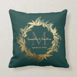 Chic Gold Emerald Green Monogram Wedding Keepsake Cushion