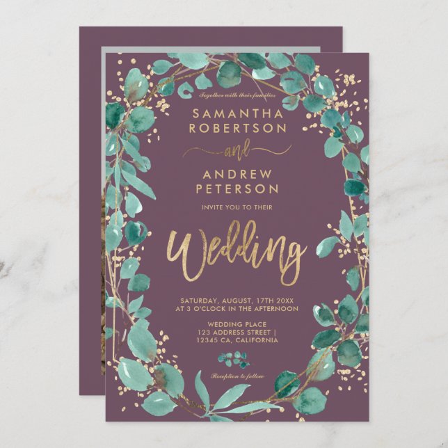 Chic gold eucalyptus purple photo script wedding invitation (Front/Back)