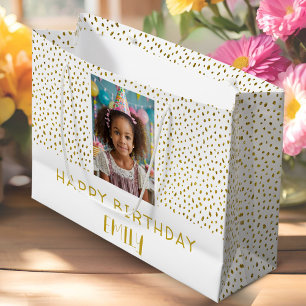 Chic Gold Faux Glitter Birthday Kids Girl Photo Large Gift Bag