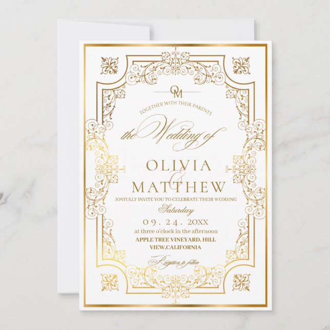 Chic Gold Flora Script Wedding  Invitation (Front)