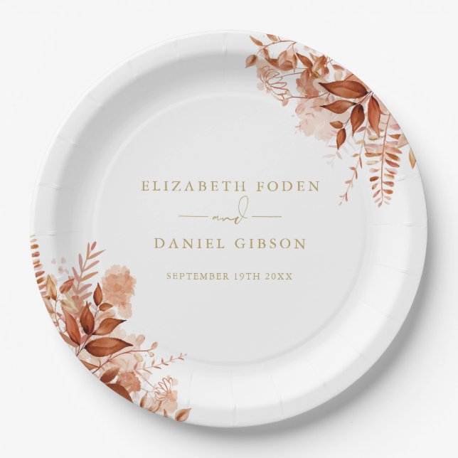 Chic Gold Floral Autumn Fall Wedding Paper Plate (Front)