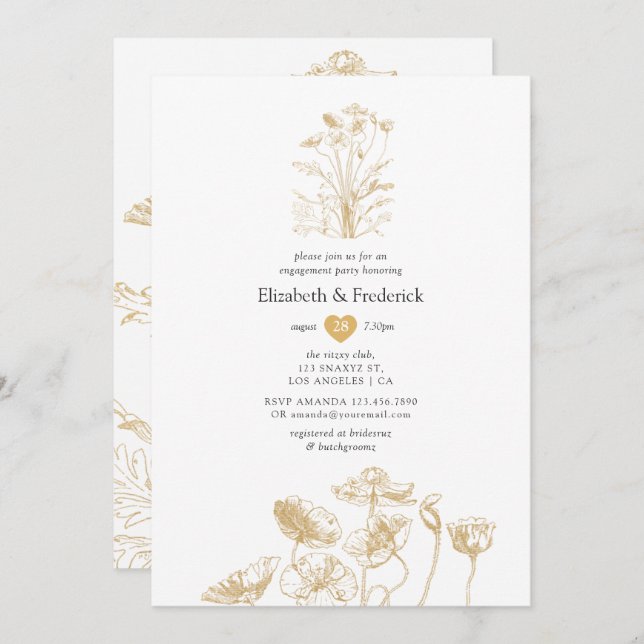 Chic Gold Floral Engagement Party Invitation (Front/Back)
