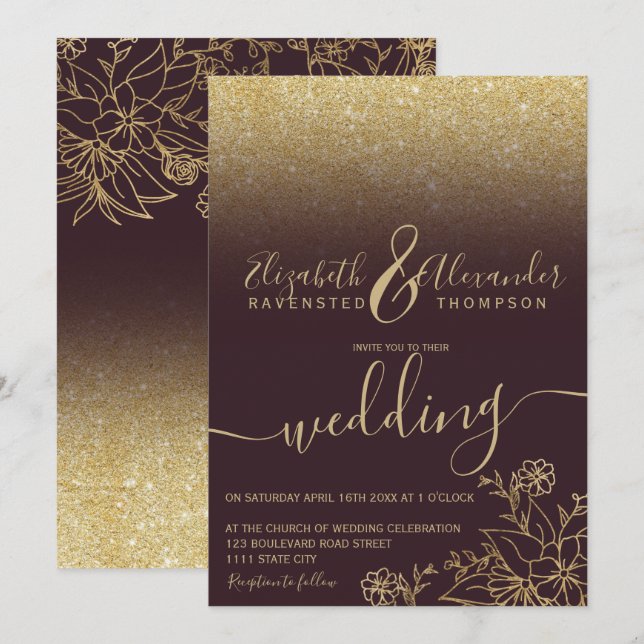 Chic gold floral glitter burgundy script wedding invitation (Front/Back)