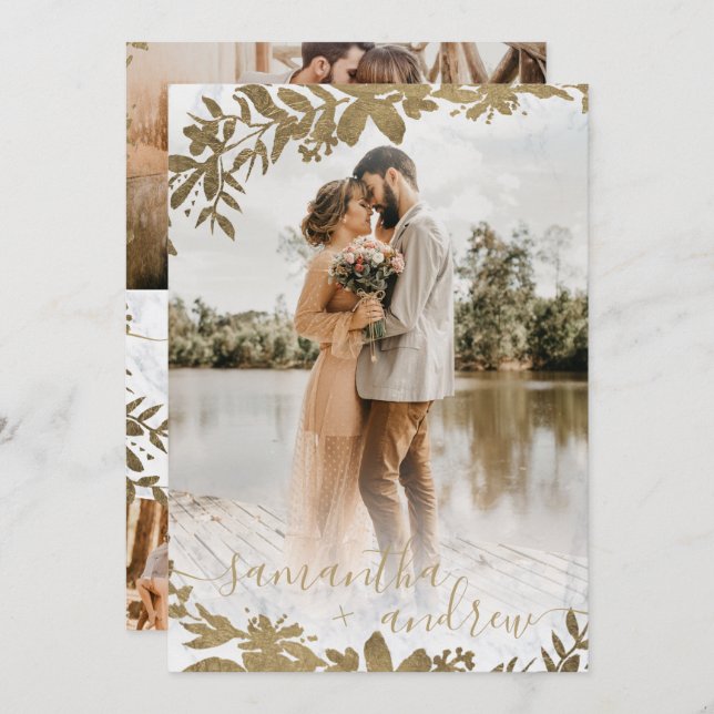 Chic gold floral marble script 5 photos wedding invitation (Front/Back)