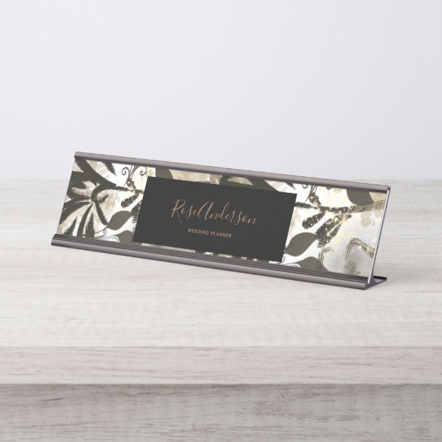 Chic Gold Floral Pattern Typography Script Desk Name Plate (Front)
