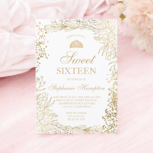 Chic gold floral white Tiara chic Sweet 16 Invitation