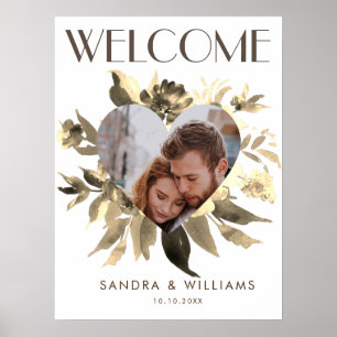 Chic Gold Floral Wreath Heart Photo Welcome Poster