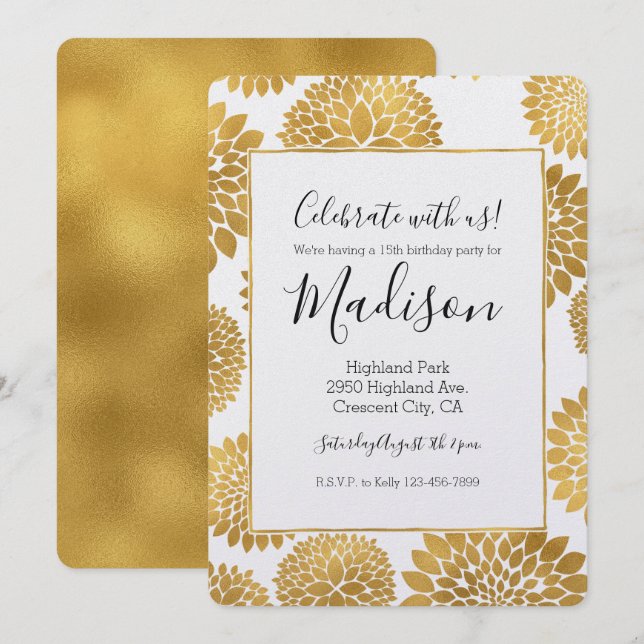 Chic Gold Flowers Birthday Invitation (Front/Back)
