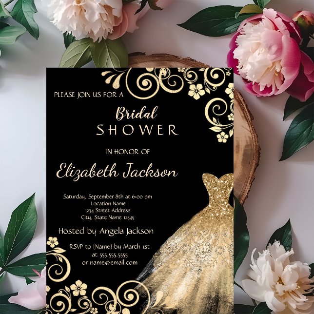 Chic Gold Flowers Glitter Dress Bridal Shower Invitation (Creator Uploaded)