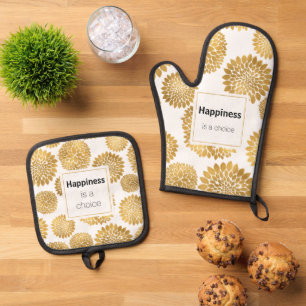 Chic Gold Flowers Happiness Oven Mitt & Pot Holder Set