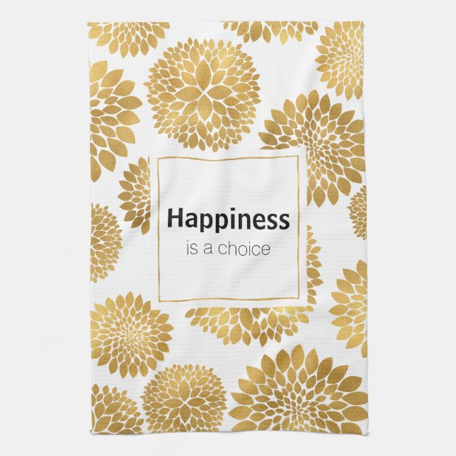 Chic Gold Flowers Happiness Tea Towel (Vertical)