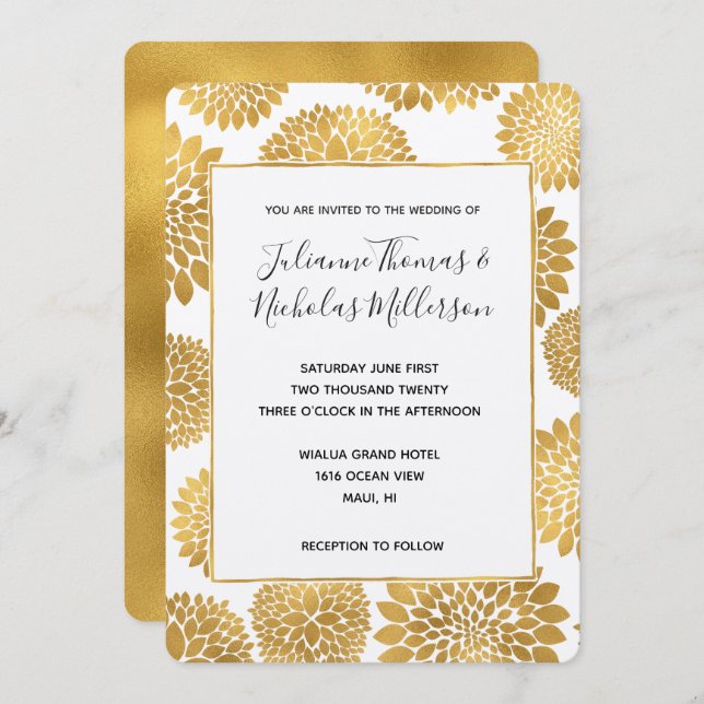 Chic Gold Flowers Wedding Invites (Front/Back)