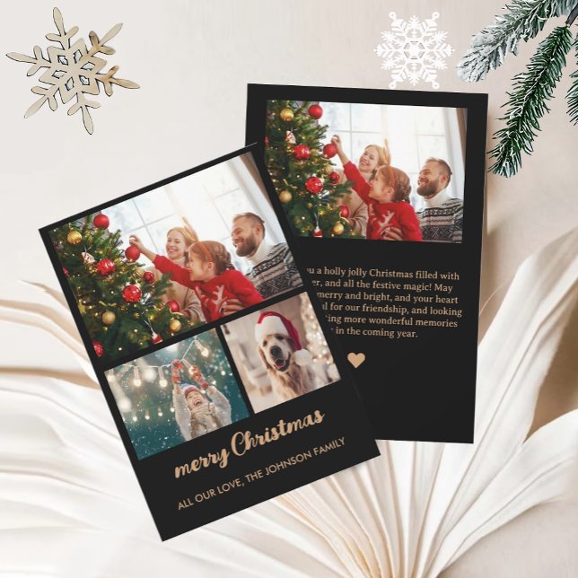 Chic Gold Foil Black Photo Collage Christmas Car Holiday Card (Modern Gold Foil Black Photo Collage Christmas Car Holiday Card)