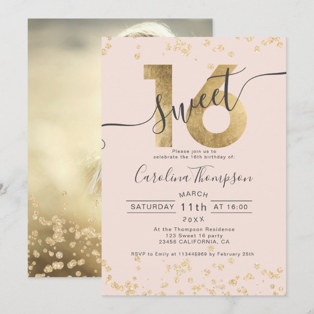 Chic gold foil confetti blush Sweet 16 photo Invitation (Front/Back)