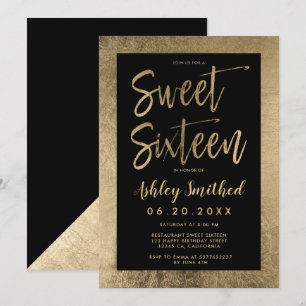 Chic gold foil frame black sweet sixteen invitation