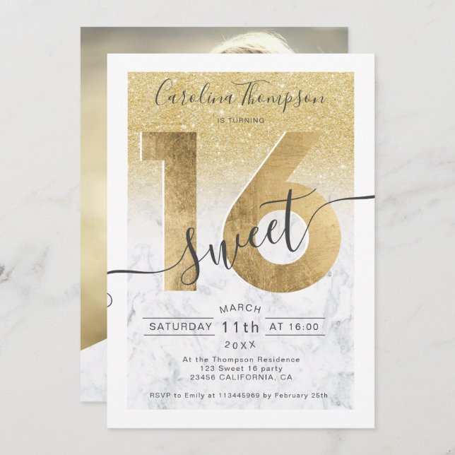 Chic gold foil glitter smarble Sweet 16 photo Invitation (Front/Back)