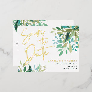 Chic gold foil greenery wedding save the date foil invitation postcard