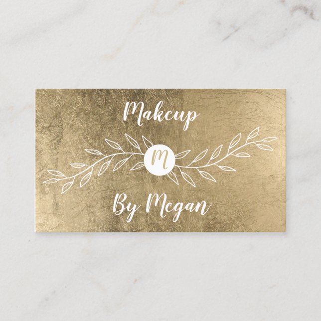 Chic gold foil leaf monogrammed makeup business card (Front)