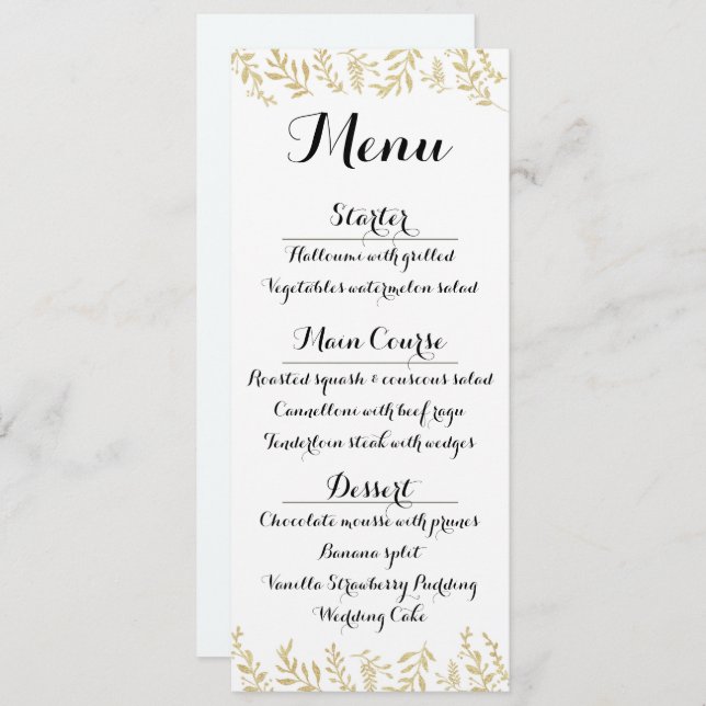 Chic Gold Foil Leaves Reception Menu Card (Front/Back)