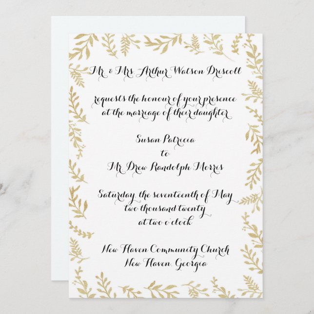 Chic Gold Foil Leaves Wedding Invitation (Front/Back)