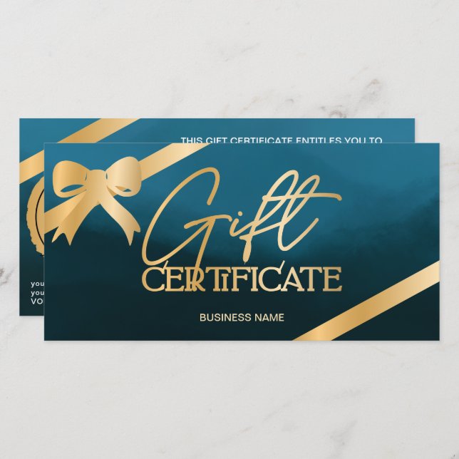 Chic gold foil ribbon blue logo gift certificate (Front/Back)