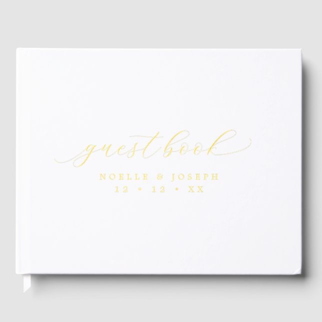 Chic Gold Foil & White Elegant Calligraphy Wedding Guest Book (Front)