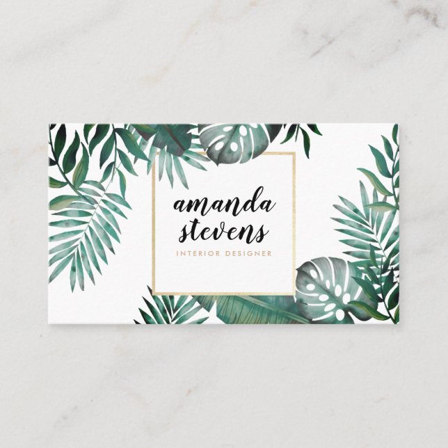 Chic gold foil white tropical green watercolor business card (Front)