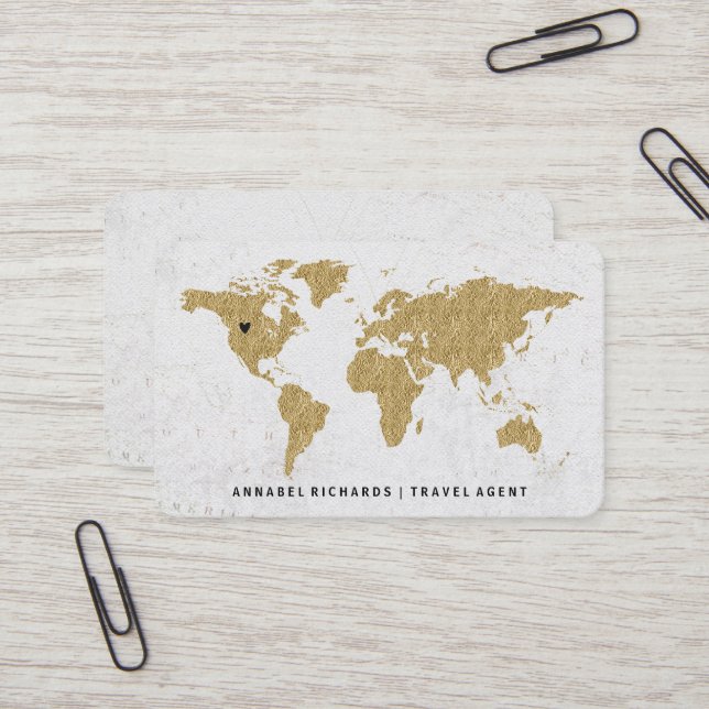 Chic Gold Foil World Map Travel Agency or Blogger Business Card (Front/Back In Situ)