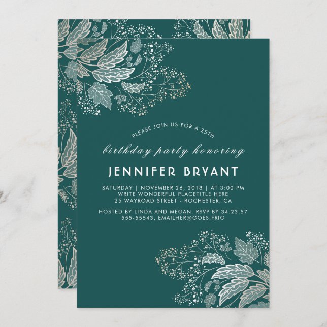 Chic Gold Foliage Teal Elegant Birthday Party Invitation (Front/Back)