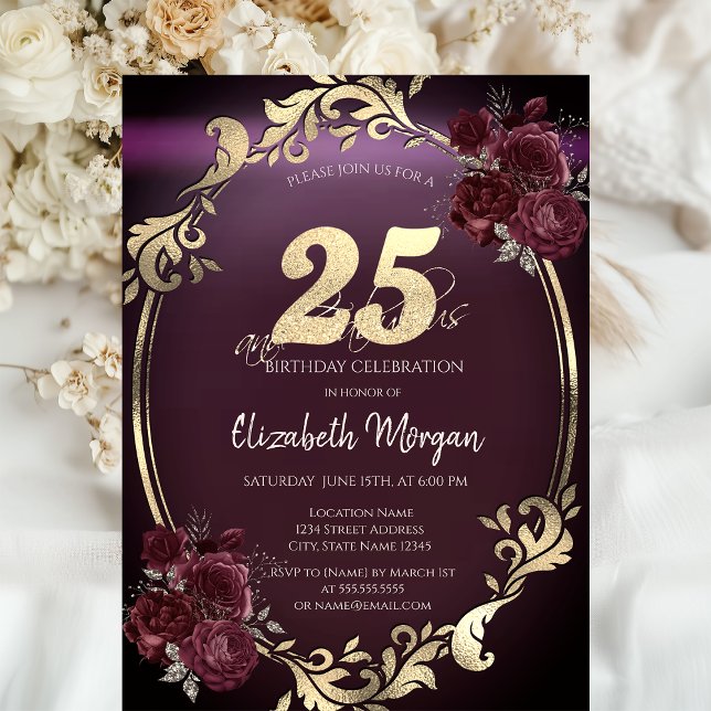 Chic Gold Frame Burgundy Roses 25th Birthday Invitation (Creator Uploaded)