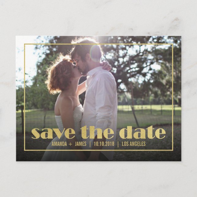 CHIC GOLD FRAME PHOTO SAVE THE DATE ANNOUNCEMENT POSTCARD (Front)