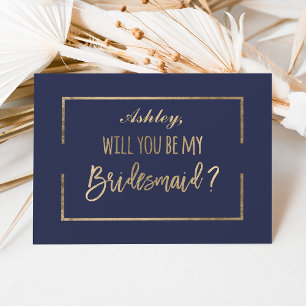 Chic gold frame script navy be my bridesmaid invitation