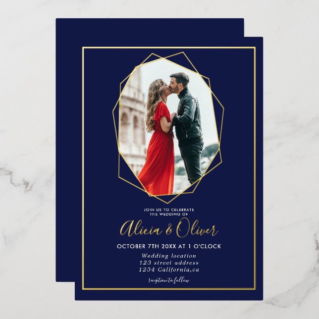 Chic gold frame terrarium navy blue photo wedding (Front/Back)